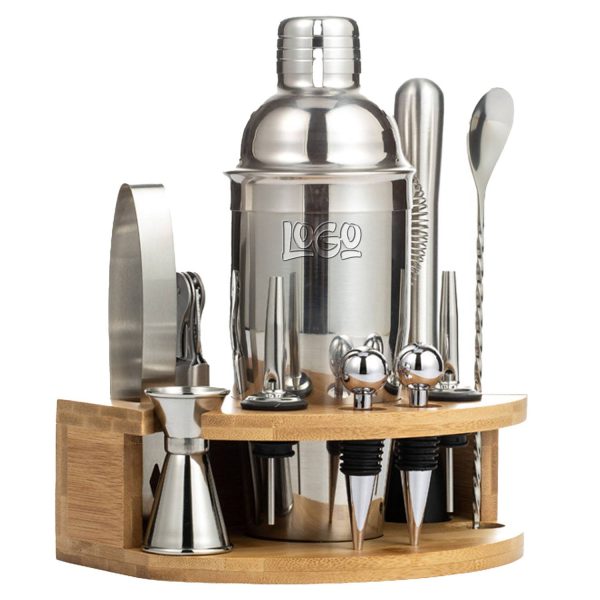 12pcs Stainless steel Cocktail Shaker Set w/ Bamboo Stand