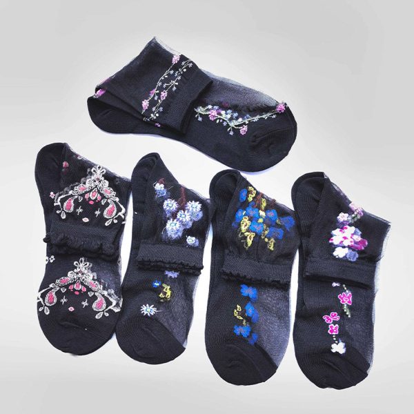 Womens Embroidered Ankle Sheer Mesh Socks Set - Image 3