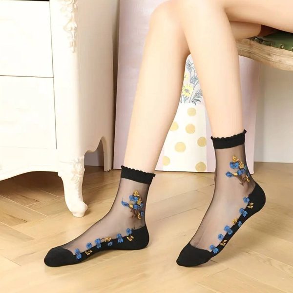 Womens Embroidered Ankle Sheer Mesh Socks Set - Image 5