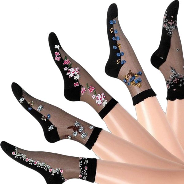 Womens Embroidered Ankle Sheer Mesh Socks Set - Image 2