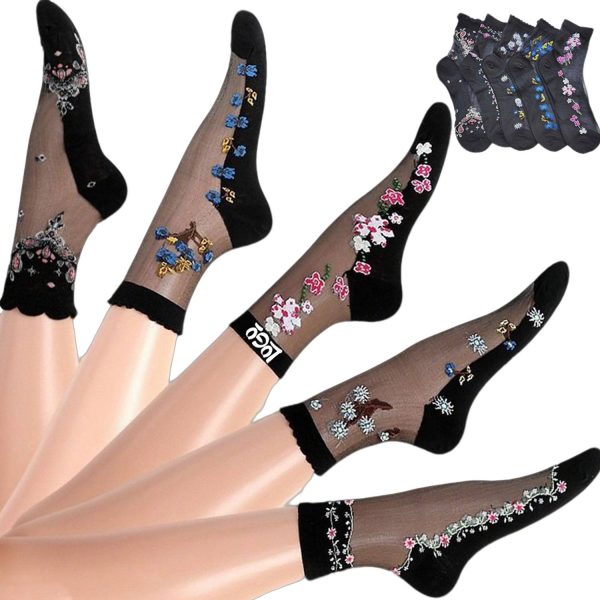 Womens Embroidered Ankle Sheer Mesh Socks Set