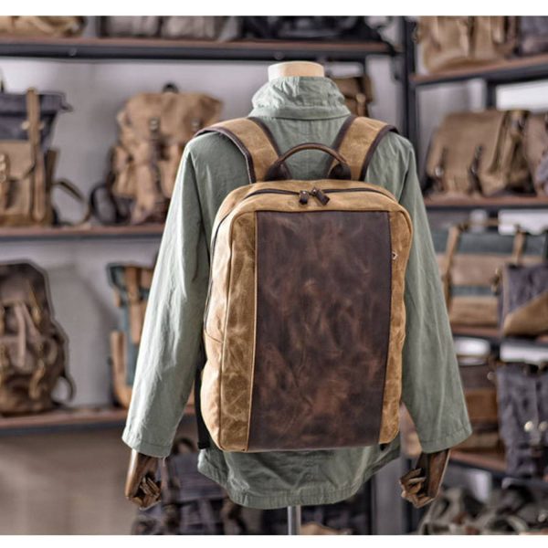 Genuine Leather Waxed Canvas Waterproof Outdoor Backpack - Image 6